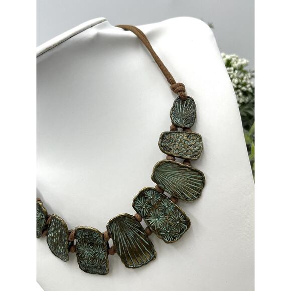 St. Thomas Etched Medallions Copper Tone Brown Suede Patina Statement Necklace - Picture 4 of 15
